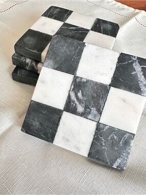 Black & White Checkerboard Marble Coasters - Set of 4